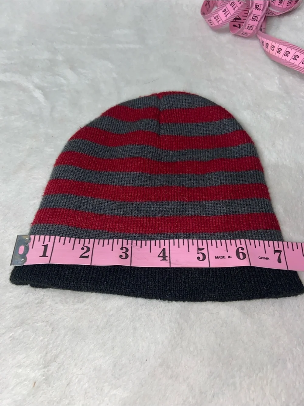 Striped Knit Beanie Hat in Red & Gray
